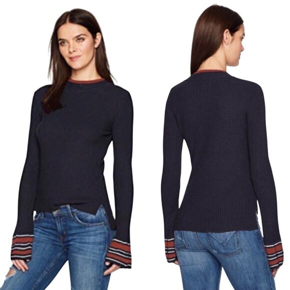 J.O.A. Los Angeles NWOT Navy Ribbed Flared Sleeve Contrast Stripe Top Size XS - Picture 1 of 6